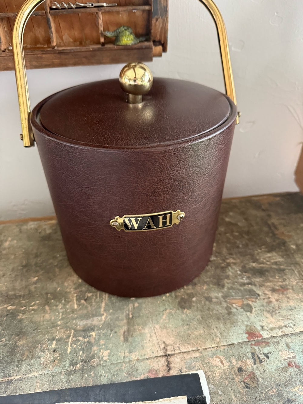 WAH Brown Faux Leather Ice Bucket with Gold Accents